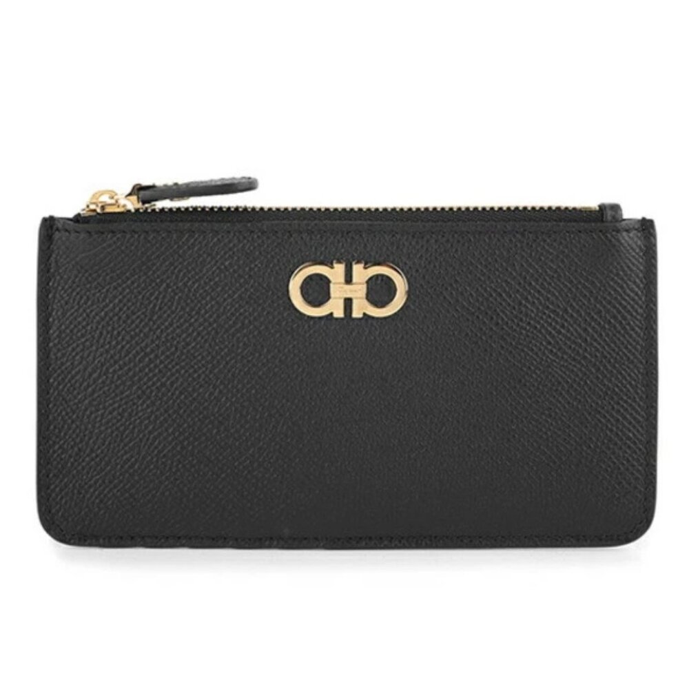 Salvatore Ferragamo Black Leather Zip Wallet with Gold Logo
